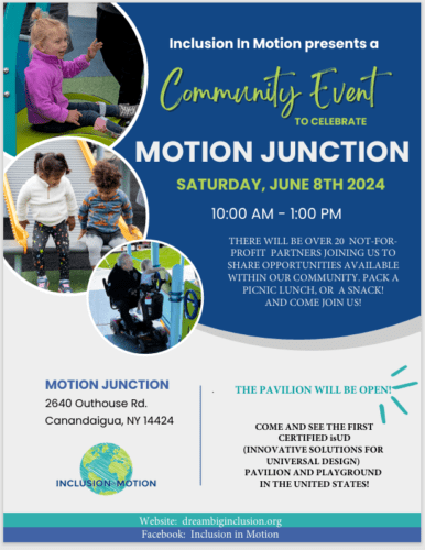 Flyer with "Community event to celebrate Motion Junction Sat, June 8th, 10-1:00, 2640 Outhouse Rd, Canandaigua, NY 14424