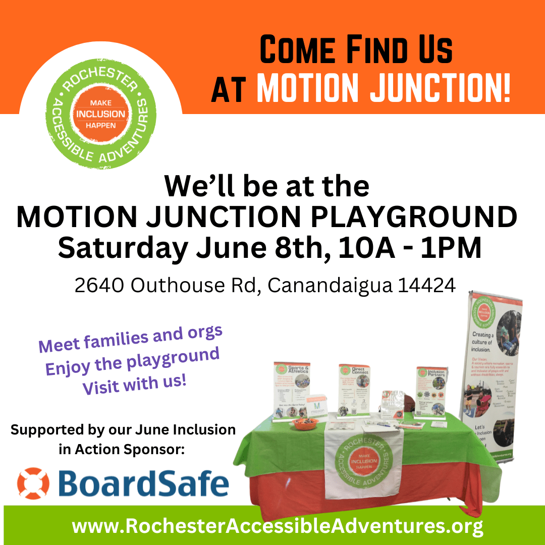 Graphic with RAA's info table and "Motion Junction Playground Sat June 8th, 10-1PM"