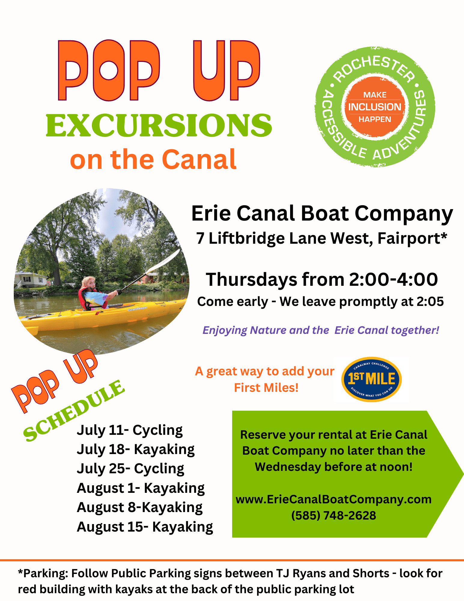 "Pop Up Excursions on the Canal" flyer with photo of a person in a yellow kayak smiling on the canal, info on social gatherings for kayaking and cycling at Erie Canal Boat Company