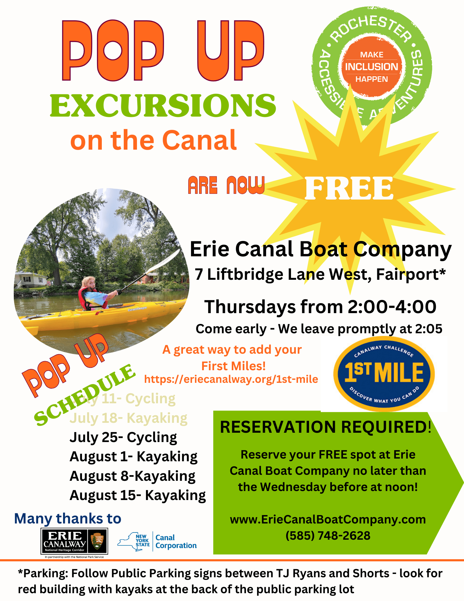 "Pop Up Excursions on the Canal" flyer with person in a yellow kayak smiling on the canal, info on social gatherings for kayaking and cycling at Erie Canal Boat Company