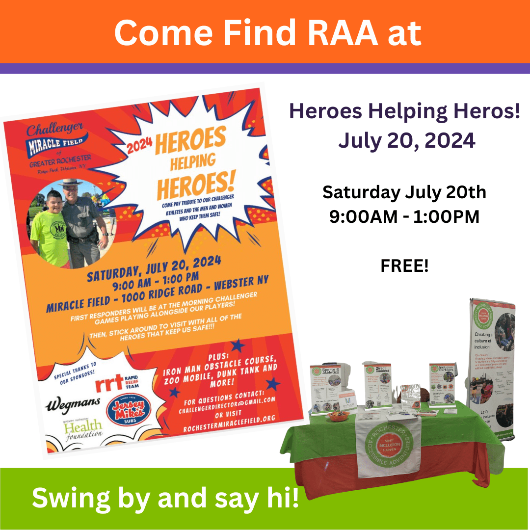 Graphic inviting people to visit our table at Heroes Helping Heroes at Challenger Miracle Field Saturday July 20th.