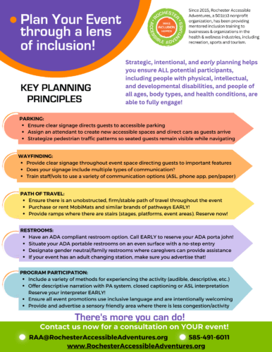 A colorful graphic with text boxes describing Key planning principles for planning for an inclusive event; RAA logo and information