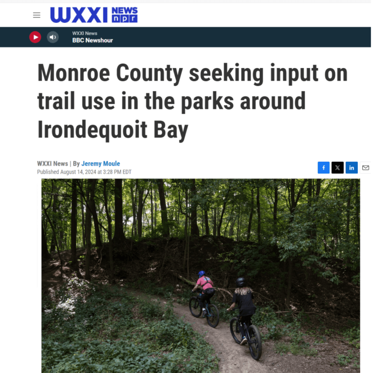 Screenshot WXXI News "Monroe County seeking input on trail use in the parks around Irondequoit Bay" and single track trail through a dense patch of woods