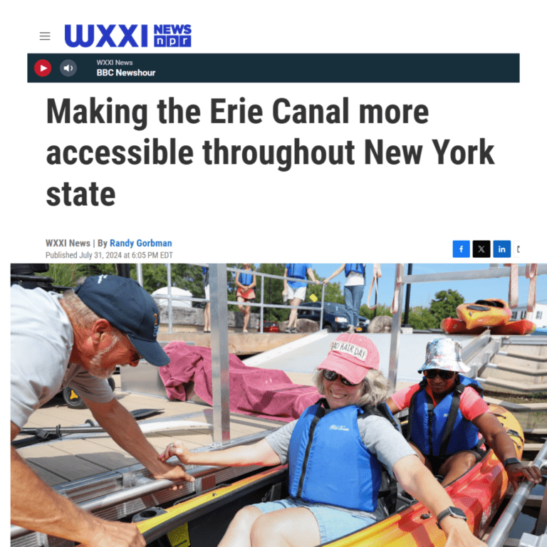 Screenshot WXXI article "Making the Erie Canal more accessible throughout New York State" and two women getting situated in a an adaptive tandem kayak on a BoardSafe Dock at Erie Canal Boat Company in Fairport NY