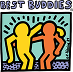 A logo for Best Buddies, with a colorful two outlines of people with arms around each other's shoulders. Hash marks above them indicate activity.