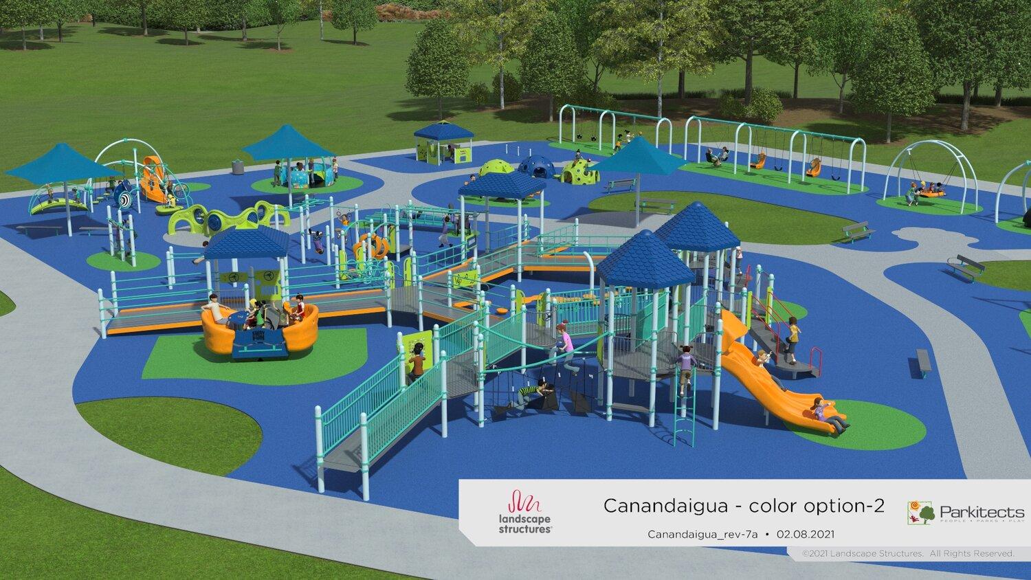 Rending of an inclusive, universal design playground with multiple play elements, a firm and stable ground, and colorful ground colors.