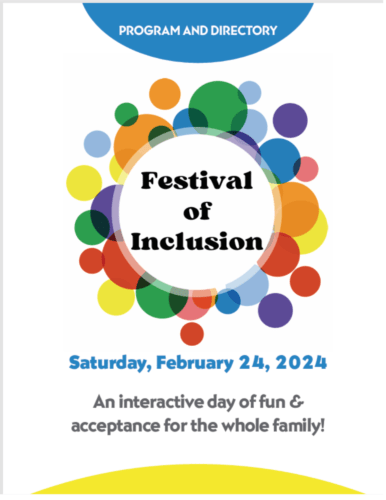 A flyer with "Festival of INclusion" Program Directory and multiple colorful circles in a frame around the title.