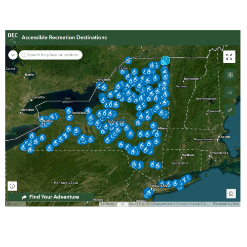 A green map background of US states centered on New York. 266 blue accessible symbols dot the state.