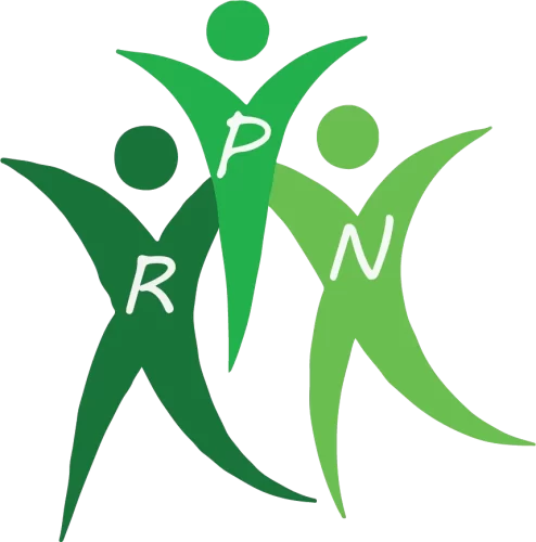 Three green artistic graphic designs that give the impression of people with the letters "R, P, N" one on each figure.