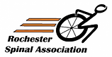 A graphic rendition of a person in a wheelchair, slanted forward as if in motion, with lines denoting speed, "Rochester Spinal Association"