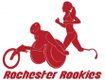 logo for Rochester Rookies, with two red figures, one in a racing chair and one running with a prosthetic leg.