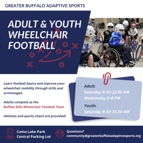 Screenshot of Greater Buffalo Adaptive Sports Wheelchair Football information, with a people in full gear playing football in sports chairs.