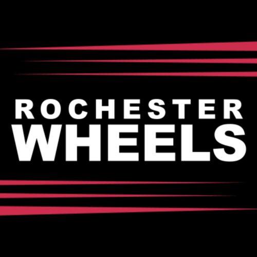 Black background with red stripes like speed, "Rochester Wheels" in white lettering in the middle