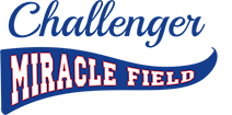 Logo for Challenger Miracle Field, cursive "Challenger" over a banner "Miracle Field"