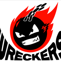 Logo for WNY Wreckers wheelchair rugby, with a blazing ball and chain with a fierce face speeding towards the word "Wreckers" which is bent by the impact