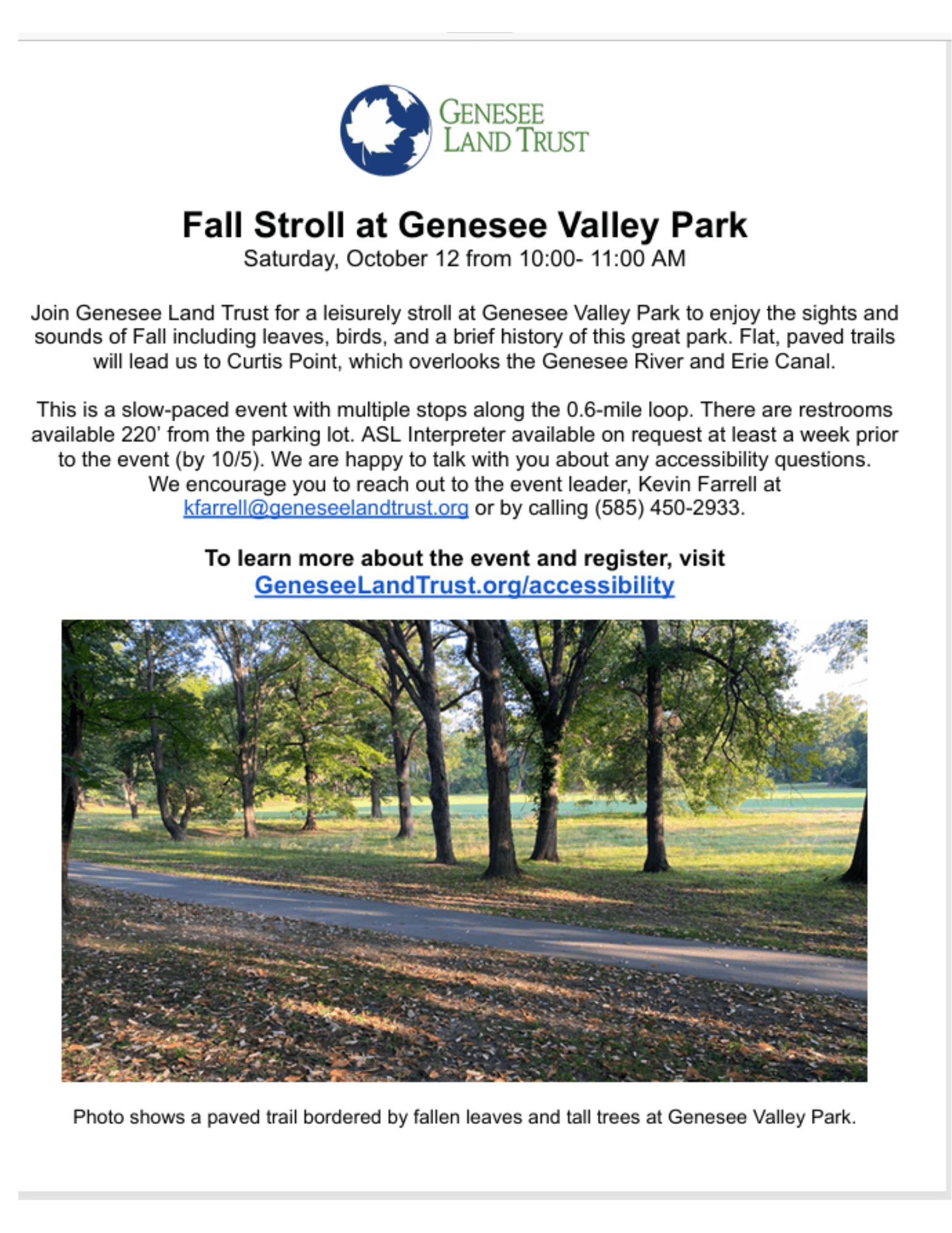 Flyer provides info on the event with a photo of a lightly shaded pathway with a smattering of fallen leaves, with a view across a grassy area to a river in the background.