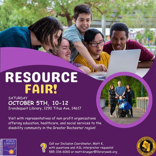 A flyer for a disability resource fair at Irondequoit Library on Oct 5th. Images show small groups including at least one person with a disability.