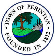 Round logo "Town of Perinton, Founded in 1812" in black font around the outer ring; tree, green field, and water.