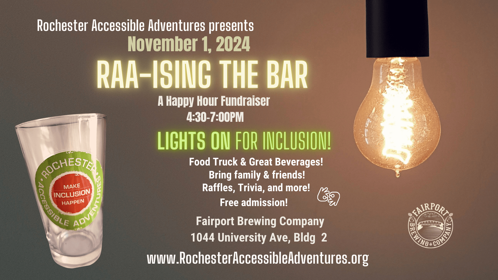 A single light bulb shines brightly on a darkened flyer announcing "RAAising the Bar Happy Hour Fundraiser" for RAA. A clear beverage glass with RAA's logo on it is beside details of the event on November 1st.