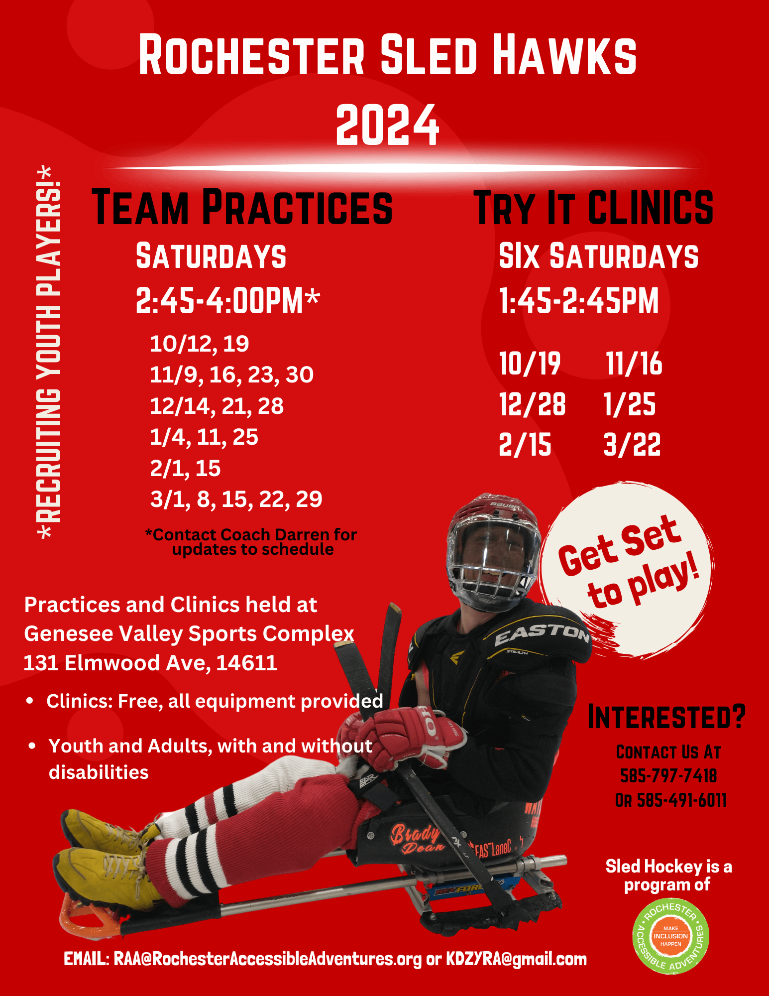 Red flyer with image of a person in hockey hear on a sled hockey sled. Info on clinics and team practices.