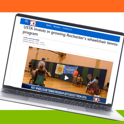 A laptop graphic with a screenshot of a local news station's article about RAA's Wheelchair Tennis program, with a people in a gym playing wheelchair tennis.