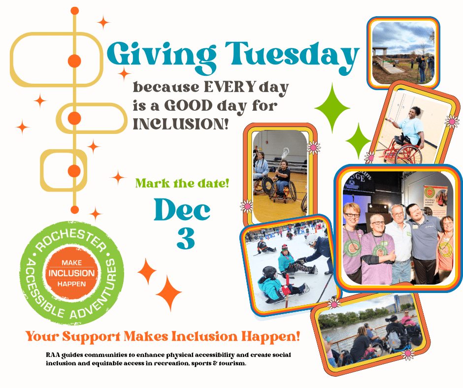 A graphic with retro decorations and font "Giving Tuesday because EVERY day is GOOD day for Inclusion!" Images of youth and adults enjoying inclusive recreation. December 3rd!