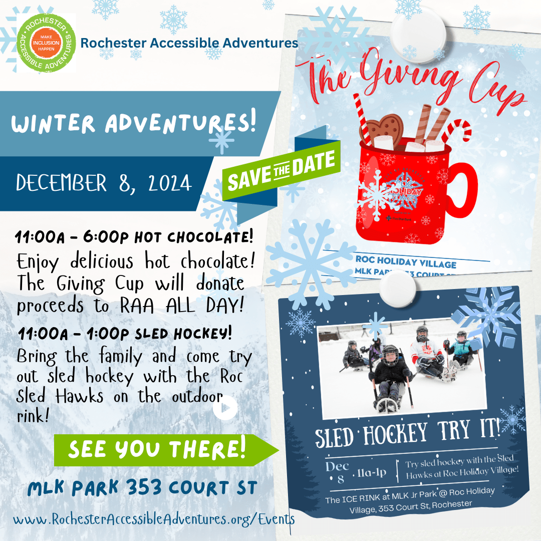 A snowy background with info about The Giving Cup and the Sled Hockey Try It Clinic on Dec 8th at Roc Holiday Village.