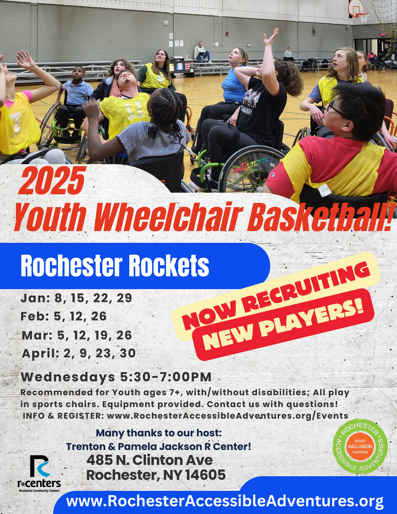 A flyer for youth wheelchair basketball program with program details and a photo of youth in sports chairs in a gym, all looking up at the basketball goal, one with arms upraised because they just took a shot for a basket.