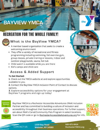 A flyer with images from a community center, and information about Bayview YMCA's services.