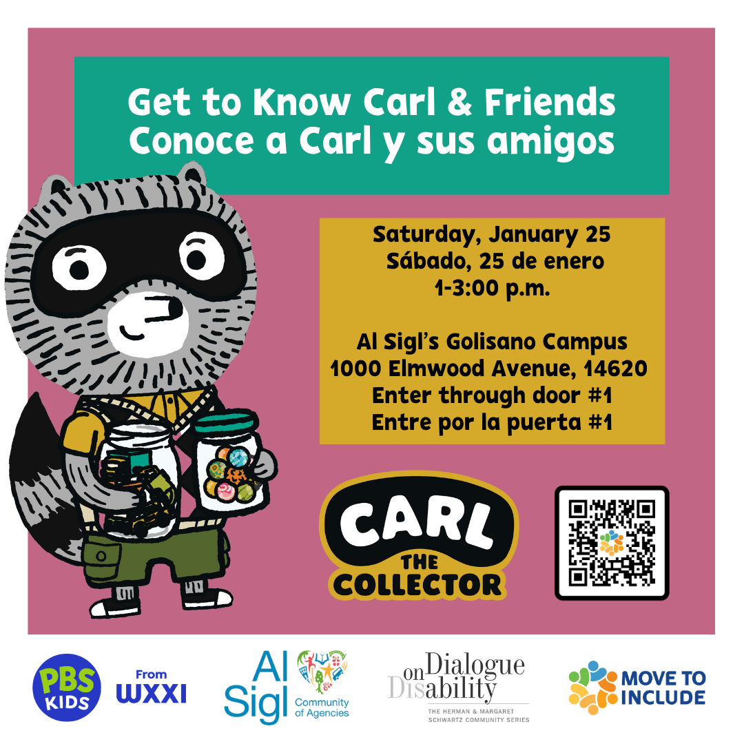 A flyer with an image of a animated racoon character and inviting people to an event with Carl & Friends.