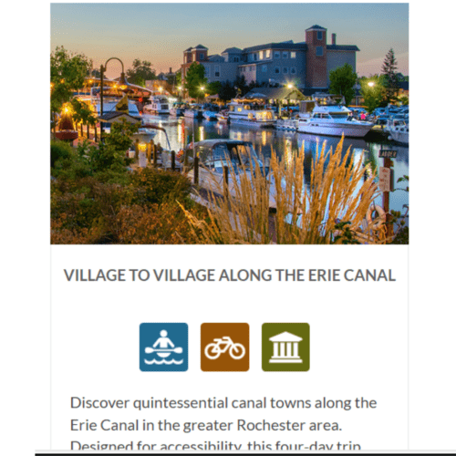 Screenshot of Erie Canalway National Heritage Corridor's itinerary for Village to Village, with an village along the canal, boats lining the dock.