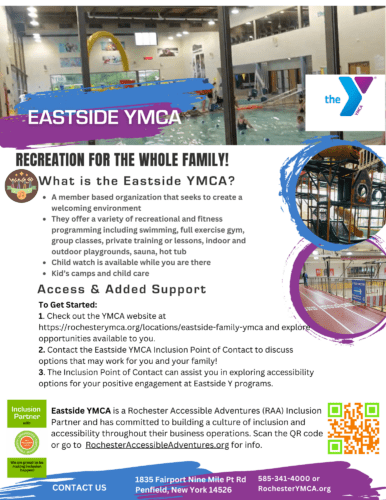 A flyer with several images from Eastside YMCA along with information about their services.