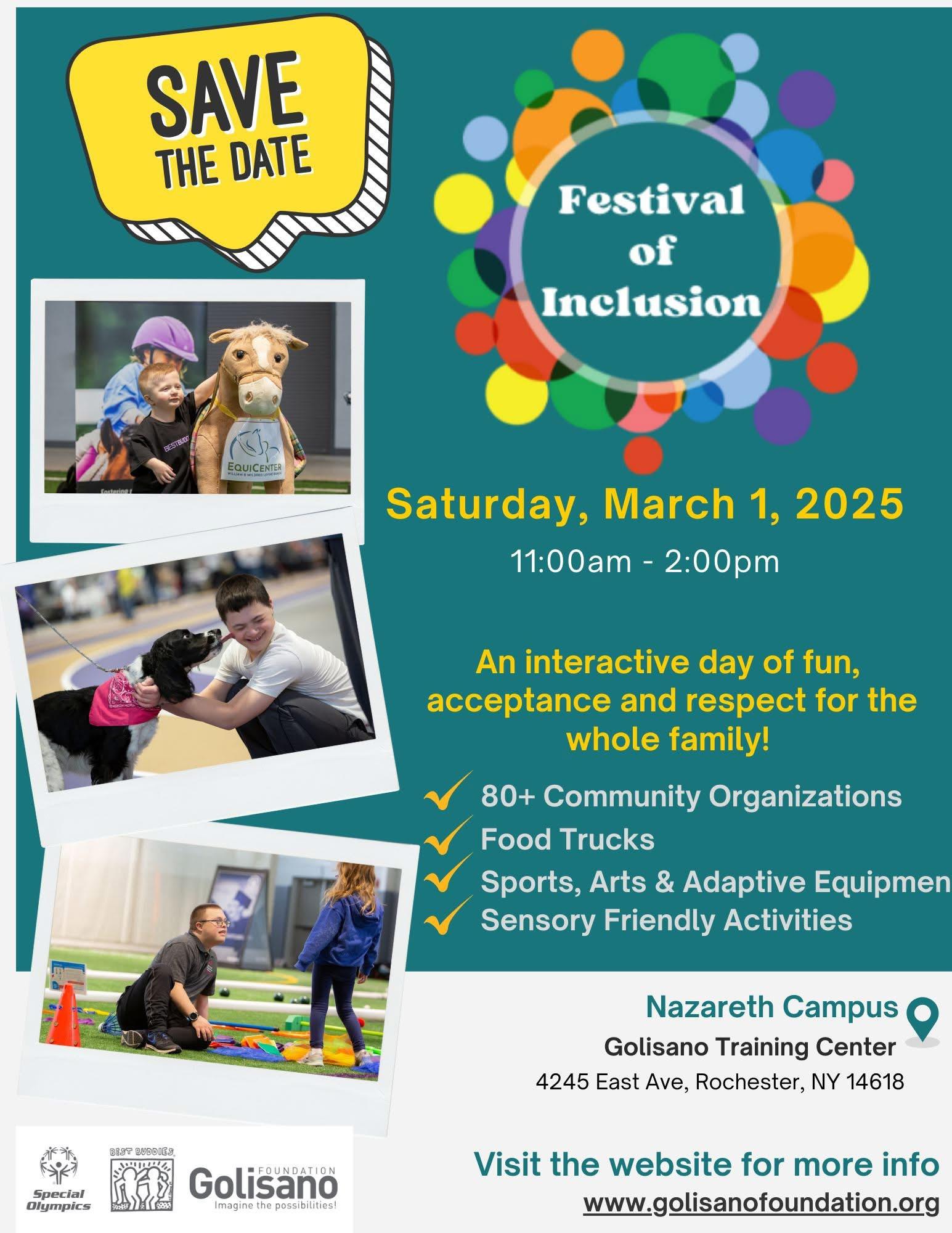 A flyer with three photos of youth engaged in activities at a Festival of Inclusion, with info about the 2025 festival.