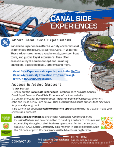 Flyer for Canal Side Experiences, and their mission for inclusive adventures. Info about their programming with On the Canals.