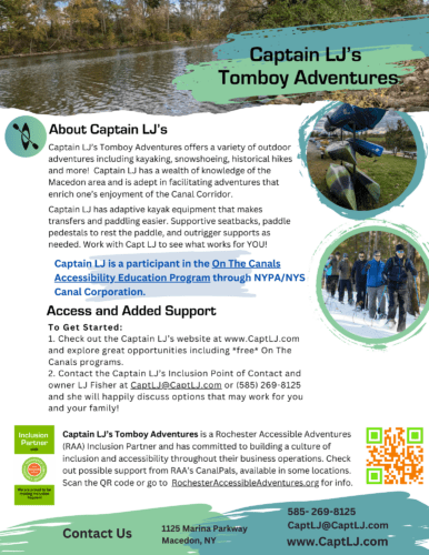 Flyer for Captain LJ Tomboy Adventures, with information about their inclusive mission and programming for people with and without disabilities.