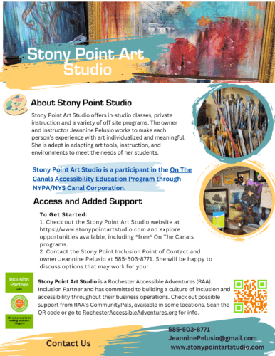 Flyer for Stony Point Art Studio, with 2 images of art supplies and artwork in circles. Info about their inclusive art programming.