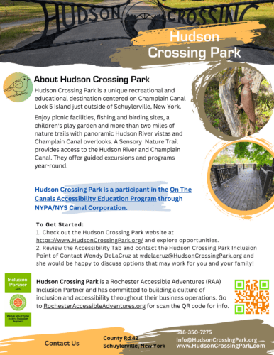 Flyer for Hudson Crossing Park with images of nature scenes. Info about their inclusive mission, sensory trail, and accessible programming.