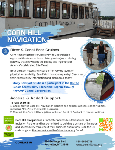 Flyer on Corn Hill Navigation's boat tours with a no-step entry boat, the Riverie. Info about their inclusive mission.