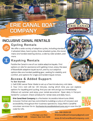 Flyer for Erie Canal Boat Company and their inclusive kayak and cycling rentals. Images of people riding adaptive cycles.