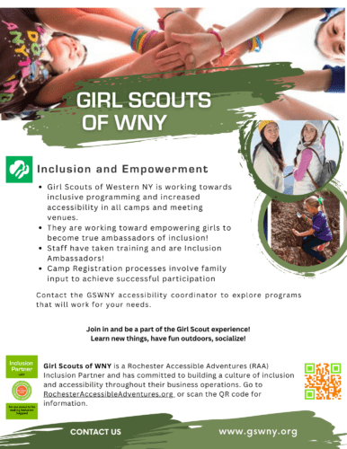 FLyer for Girl Scouts of WNY with info about their inclusive mission and their welcoming of girls with and without disabilities.