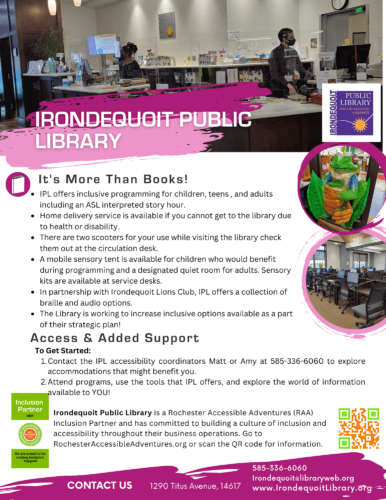 Flyer about Irondequoit Public Library and their mission for inclusive experiences and info about their accessibility amenities.