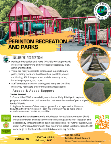 Flyer for Perinton Recreation and Parks, an Inclusion Partner with RAA; Details about inclusive services and programming.