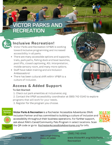 FLyer for Victor Parks and Recreation, with info about their inclusive mission and their accessible and inclusive community recreation programming.