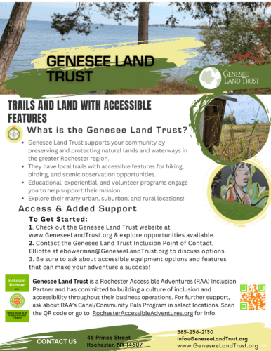 Flyer for Genesee Land Trust with two images of outdoor nature scenes. Info about their inclusive mission and accessible amenities for outdoor exploration.