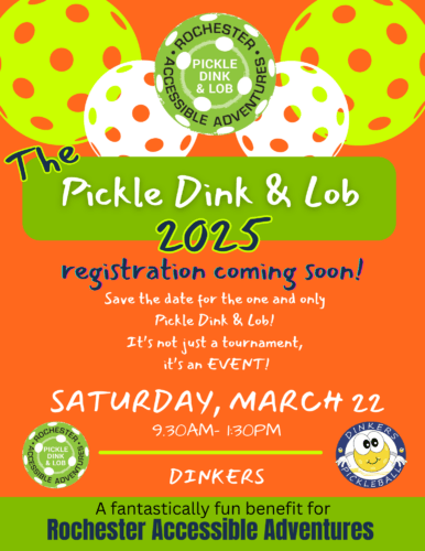 A bright orange flyer with neon and white pickleball graphics, along with RAA's green pickleball logo "Pickle Dink & Lob". Event information provided.