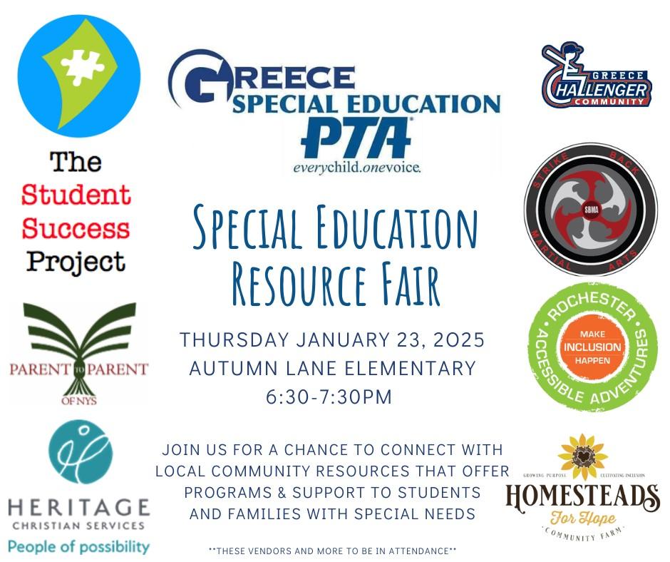 A flyer with 10 logos of community organizations and information about a Special Education Resource Fair at Greece SEPTA