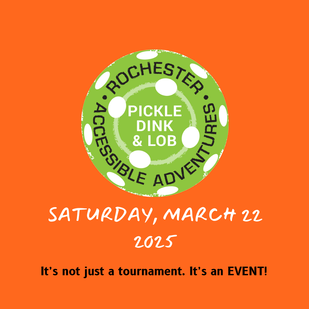 An orange background to a green and white pickleball graphic "Saturday March 22, 2025 It's not just a tournament. It's an EVENT!"