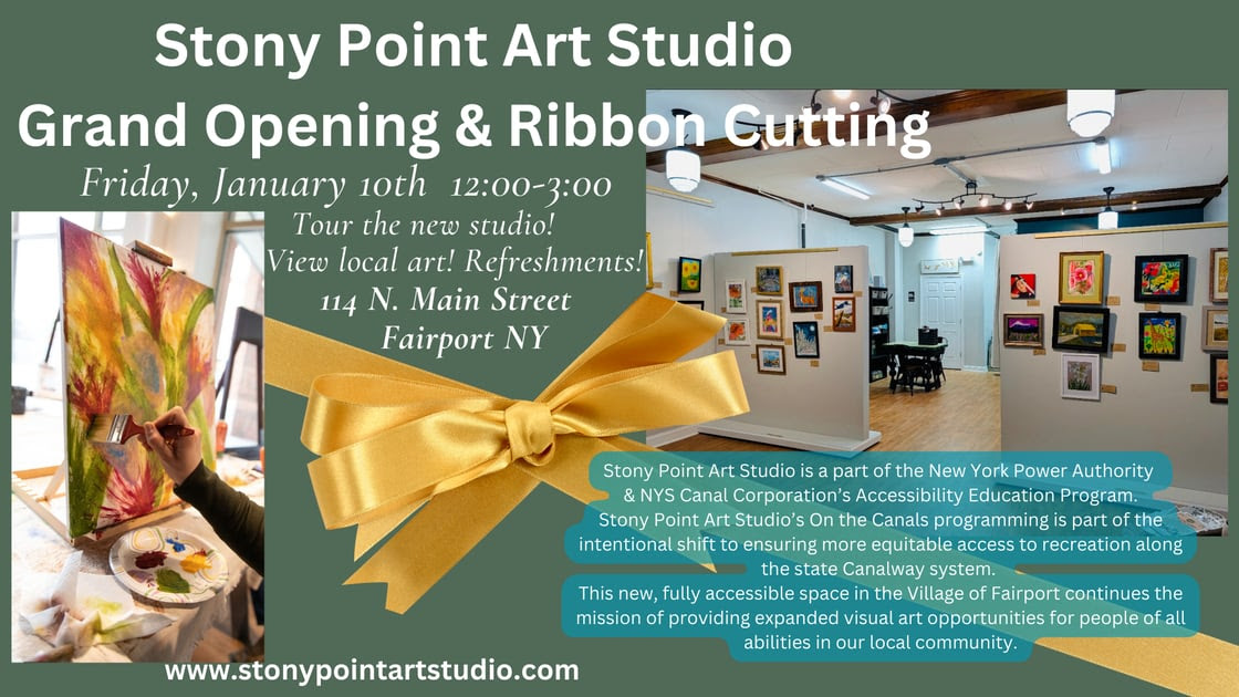 Flyer with a gold ribbon across it advertising the grand opening and ribbon cutting for Stony Point Art Studio in Fairport NY