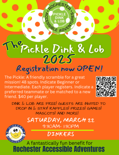 A bright orange flyer with neon and white pickleball graphics, along with RAA's green pickleball logo "Pickle Dink & Lob". Event and registration information provided.