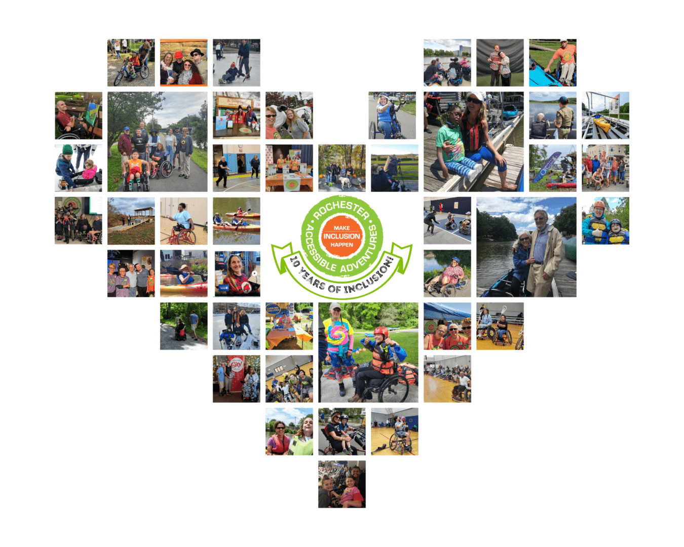 A photo collage in the shape of a heart, with a RAA logo in the center with a "10 Years of Inclusion" banner. Photos are of people participating in inclusive recreation, sports, and tourism.